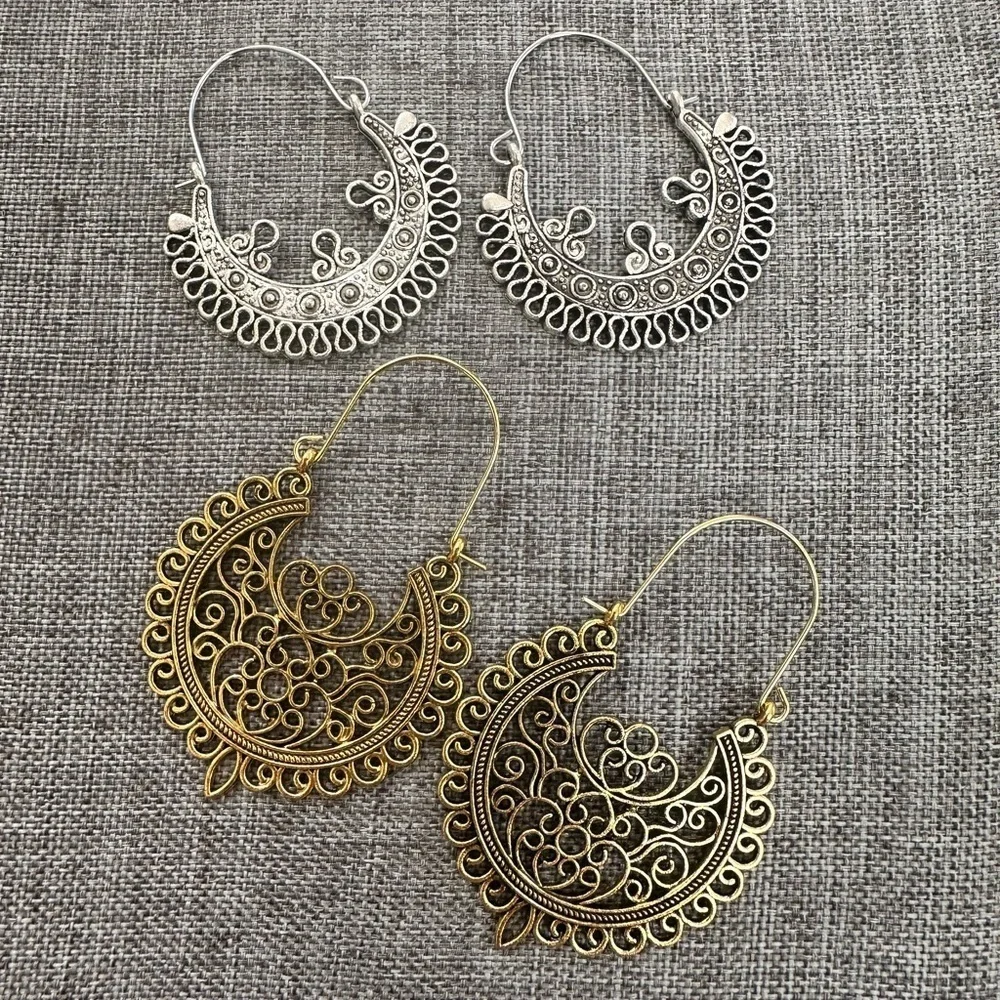 Gold Silver Tone Filigree Drop Earrings 2 Pairs 20 Earrings NEW Chunky Statement - Picture 8 of 9